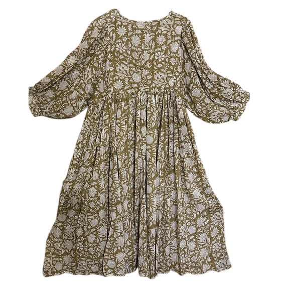 Daughters of India Kira Midi Dress 100% Cotton Boho Green Olive Floral Print  XL - Picture 5 of 13